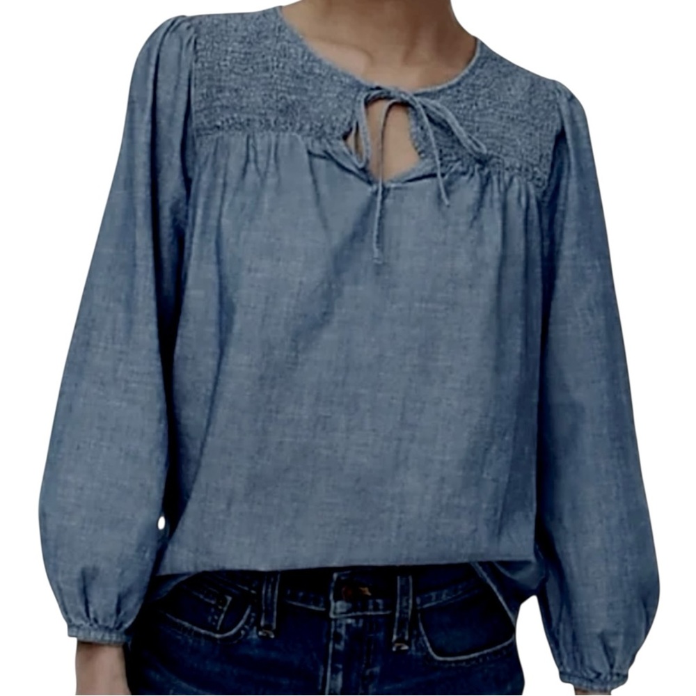 J.Crew Blue Chambray Smocked Peasant Tie Neck Long Sleeve Top Size XL